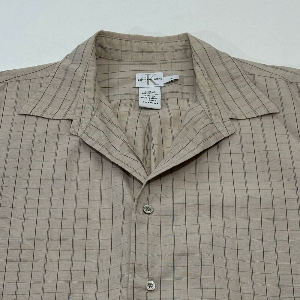 Calvin Klein Men's Short-Sleeve Shirt Beige Windowpane 100% Cotton Button Size L